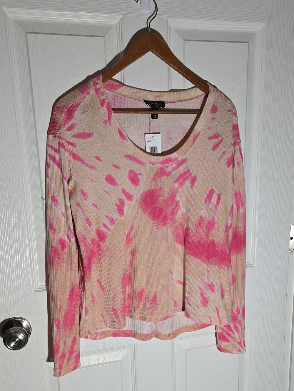 Jessica Simpson Pink and Beige Tie-Dye Ribbed Long Sleeve Top